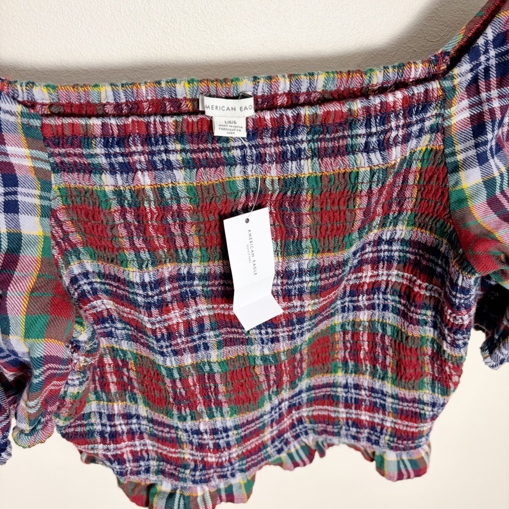 American Eagle Top Women L Red Plaid Smocked Off The Shoulder Puff Sleeve Crop - Picture 4 of 8